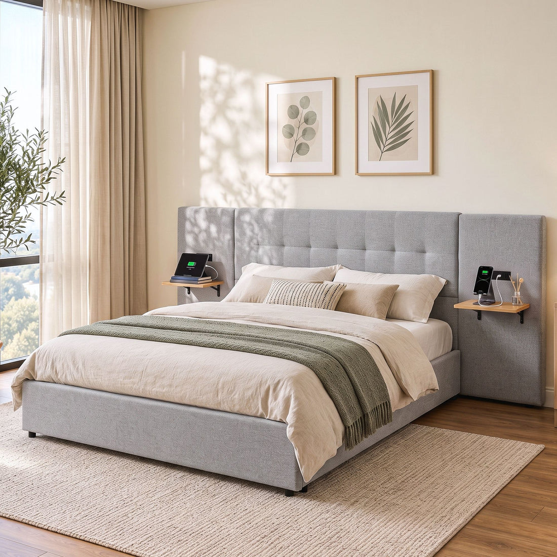 Artiss Queen Bed Frame with Wide Headboard, Floating Shelves and USB Grey-Furniture > Bedroom > Beds &amp; Bed Frames-PEROZ Accessories