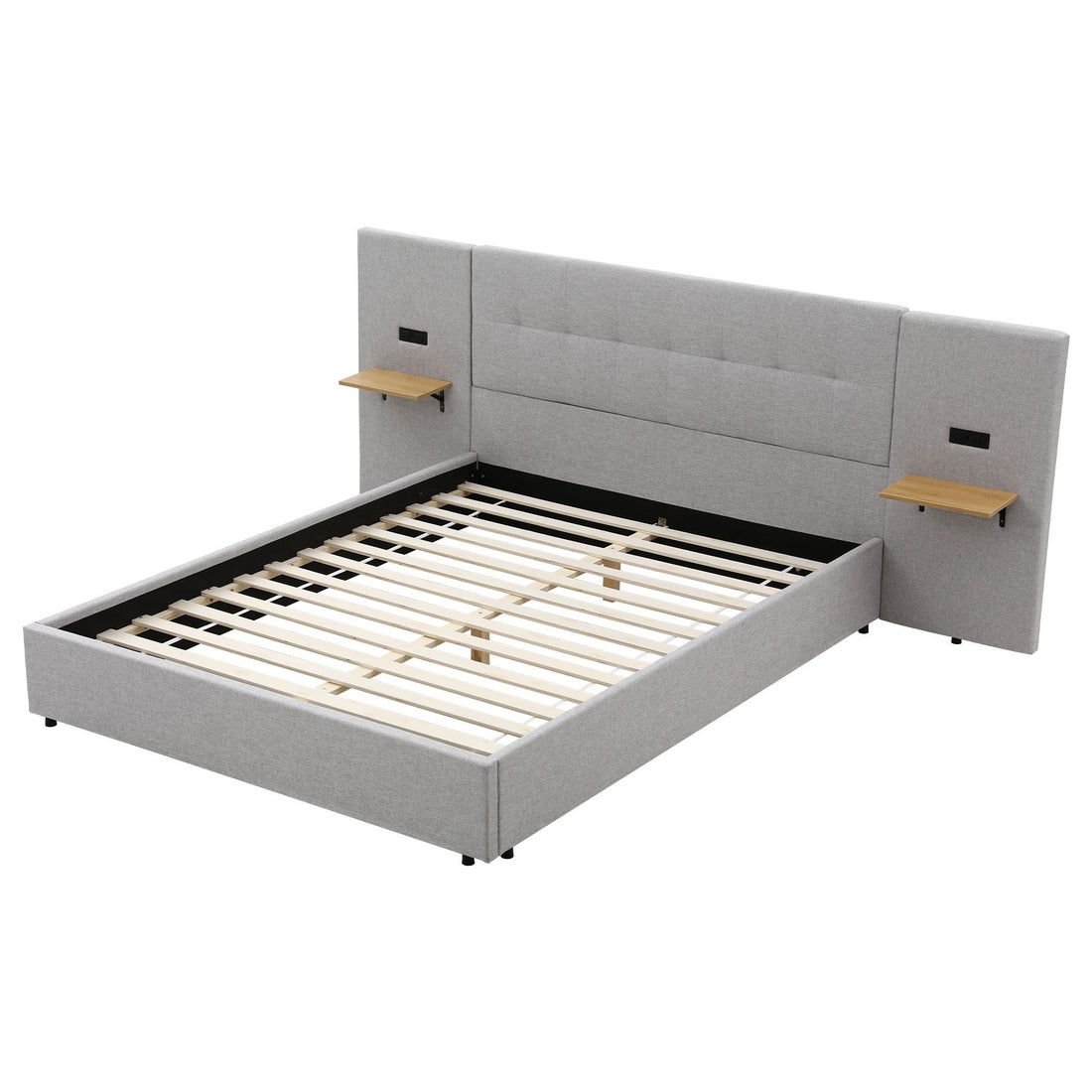 Artiss Queen Bed Frame with Wide Headboard, Floating Shelves and USB Grey-Furniture > Bedroom > Beds &amp; Bed Frames-PEROZ Accessories