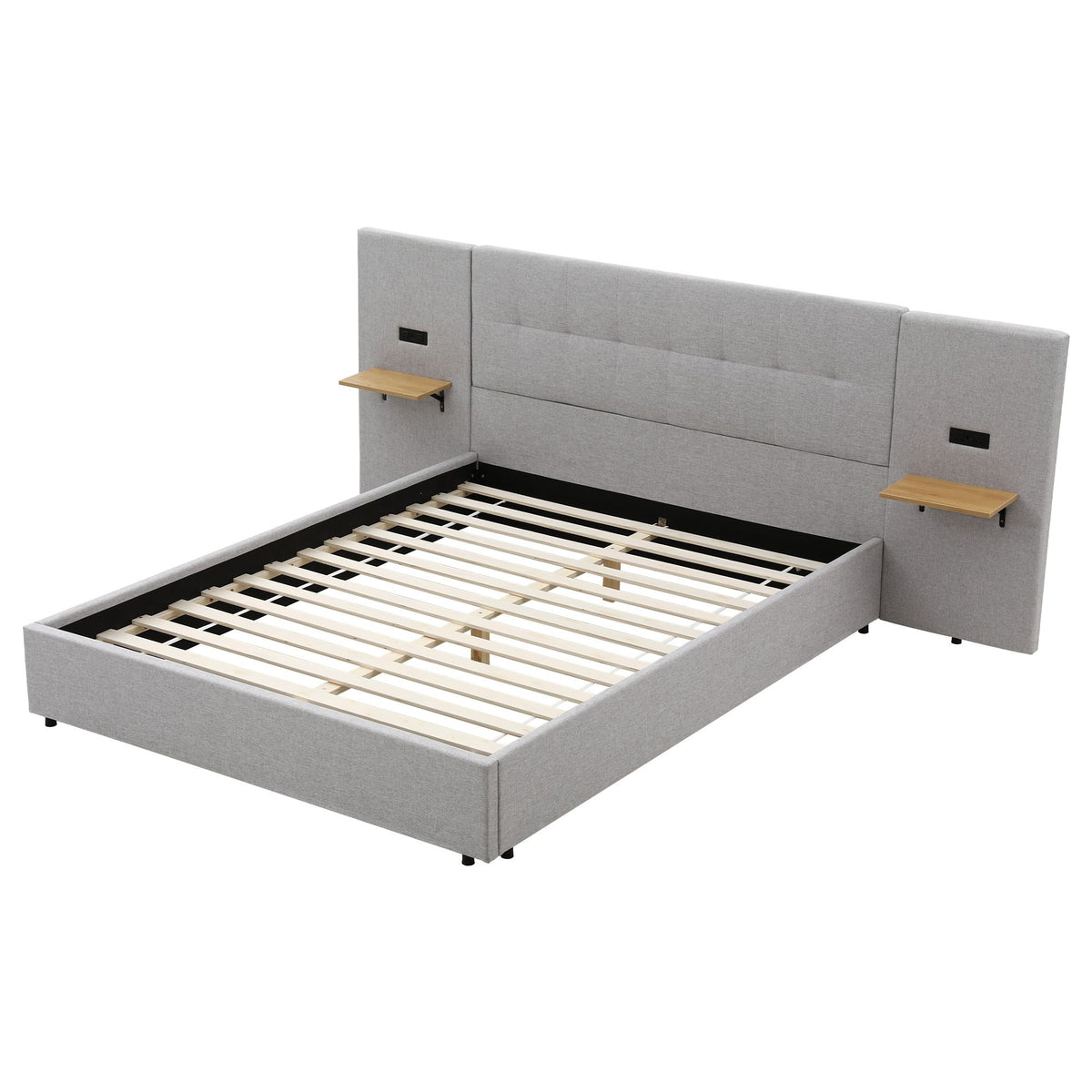 Artiss Queen Bed Frame with Wide Headboard, Floating Shelves and USB Grey