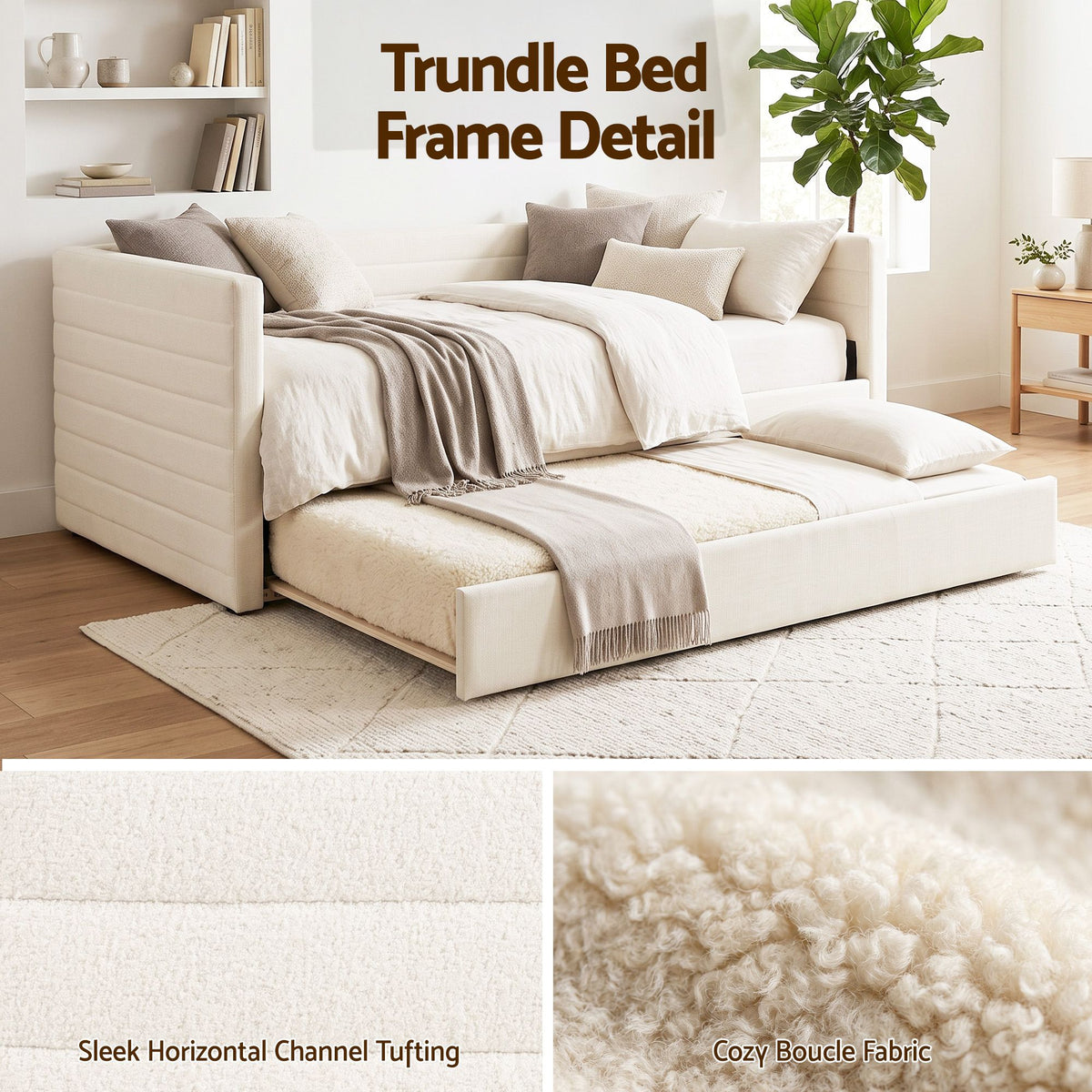 Artiss King Single Daybed with Trundle, Boucle Upholstered Bed Frame Guest Bed-Furniture > Bedroom > Beds &amp; Bed Frames-PEROZ Accessories