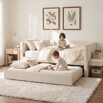 Artiss King Single Daybed with Trundle, Boucle Upholstered Bed Frame Guest Bed-Furniture > Bedroom > Beds &amp; Bed Frames-PEROZ Accessories