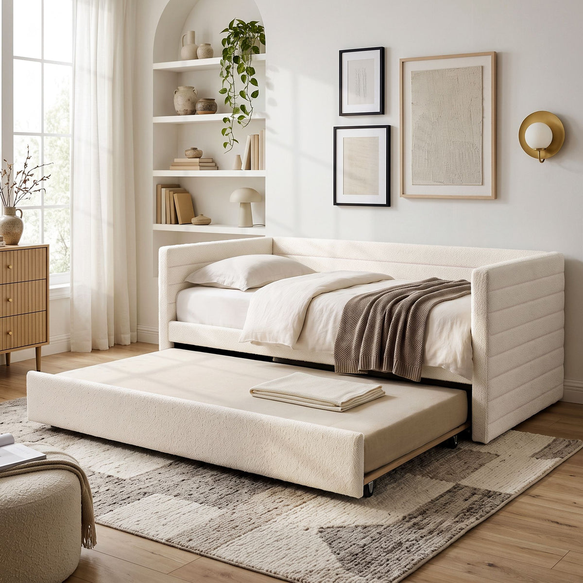 Artiss Single Daybed with Trundle, Boucle Upholstered Bed Frame Guest Bed-Furniture > Bedroom > Beds &amp; Bed Frames-PEROZ Accessories