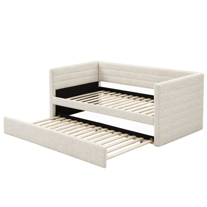 Artiss Single Daybed with Trundle, Boucle Upholstered Bed Frame Guest Bed-Furniture > Bedroom > Beds &amp; Bed Frames-PEROZ Accessories