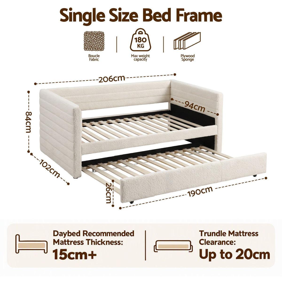 Artiss Single Daybed with Trundle, Boucle Upholstered Bed Frame Guest Bed-Furniture > Bedroom > Beds &amp; Bed Frames-PEROZ Accessories