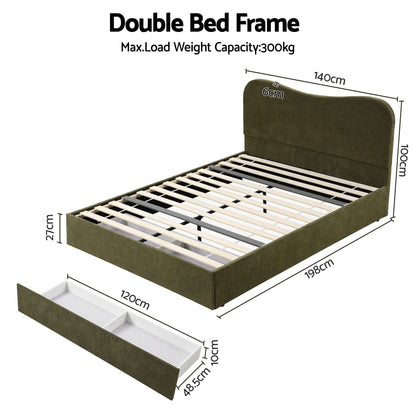Artiss Double Bed Frame with Storage Drawer, Chenille Curved Headboard-Furniture > Bedroom > Beds &amp; Bed Frames-PEROZ Accessories