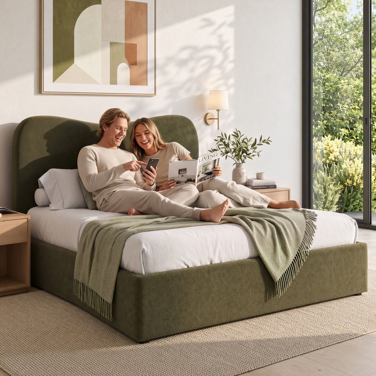 Artiss Double Bed Frame with Storage Drawer, Chenille Curved Headboard-Furniture > Bedroom > Beds &amp; Bed Frames-PEROZ Accessories