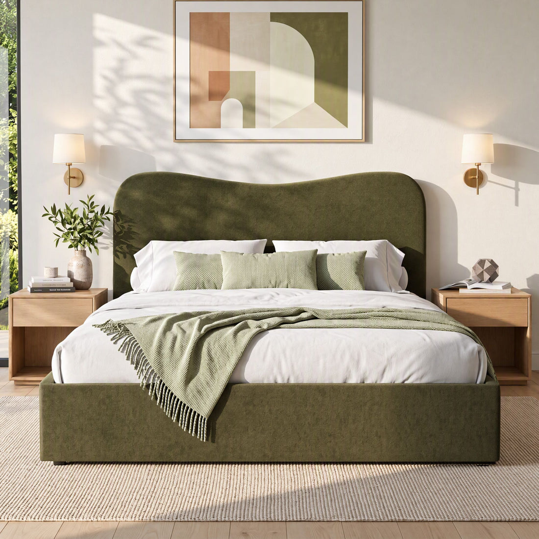 Artiss Queen Bed Frame with Storage Drawer, Chenille Curved Headboard-Furniture > Bedroom > Beds &amp; Bed Frames-PEROZ Accessories