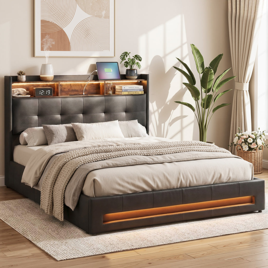 Artiss Double Bed Frame with Gas Lift Storage LED Lights Charging Station Headboard with Open Shelf-Furniture > Bedroom > Beds &amp; Bed Frames-PEROZ Accessories
