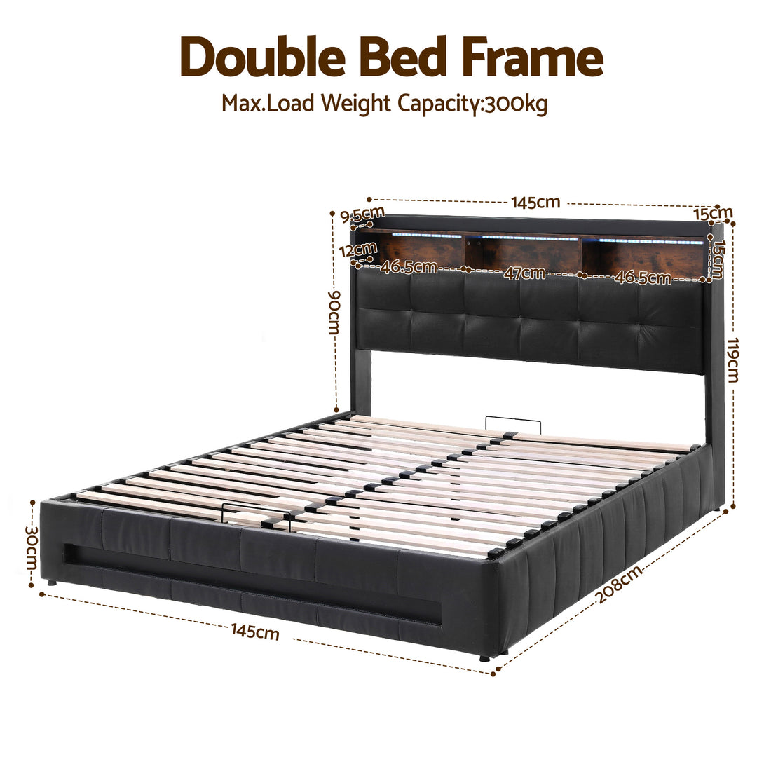 Artiss Double Bed Frame with Gas Lift Storage LED Lights Charging Station Headboard with Open Shelf-Furniture > Bedroom > Beds &amp; Bed Frames-PEROZ Accessories