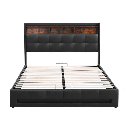 Artiss Double Bed Frame with Gas Lift Storage LED Lights Charging Station Headboard with Open Shelf-Furniture > Bedroom > Beds &amp; Bed Frames-PEROZ Accessories