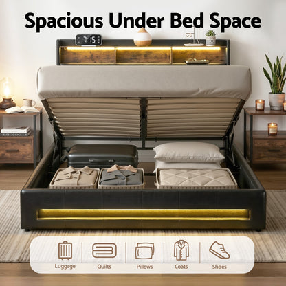 Artiss Double Bed Frame with Gas Lift Storage LED Lights Charging Station Headboard with Open Shelf-Furniture > Bedroom > Beds &amp; Bed Frames-PEROZ Accessories