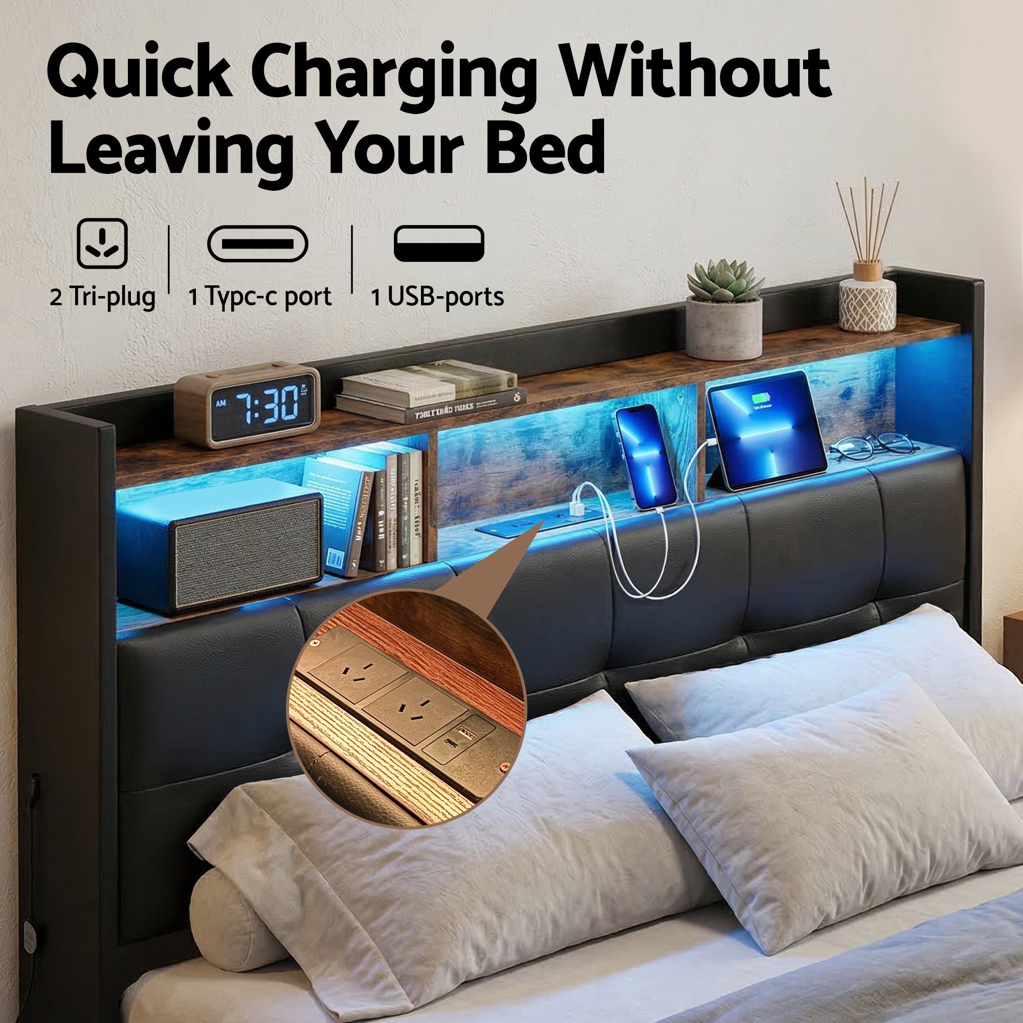 Artiss Double Bed Frame with Gas Lift Storage LED Lights Charging Station Headboard with Open Shelf-Furniture > Bedroom > Beds &amp; Bed Frames-PEROZ Accessories
