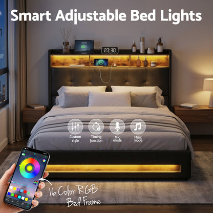 Artiss Double Bed Frame with Gas Lift Storage LED Lights Charging Station Headboard with Open Shelf-Furniture > Bedroom > Beds &amp; Bed Frames-PEROZ Accessories