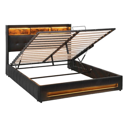 Artiss Double Bed Frame with Gas Lift Storage LED Lights Charging Station Headboard with Open Shelf-Furniture > Bedroom > Beds &amp; Bed Frames-PEROZ Accessories