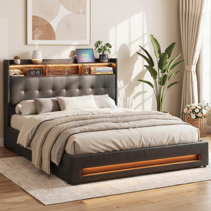 Artiss Queen Bed Frame with Gas Lift Storage LED Lights Charging Station Headboard with Open Shelf-Furniture > Bedroom > Beds &amp; Bed Frames-PEROZ Accessories