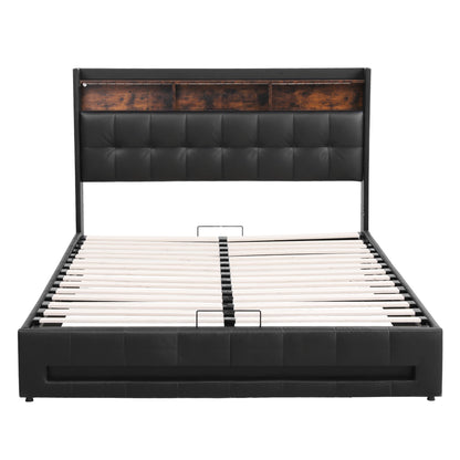Artiss Queen Bed Frame with Gas Lift Storage LED Lights Charging Station Headboard with Open Shelf-Furniture > Bedroom > Beds &amp; Bed Frames-PEROZ Accessories