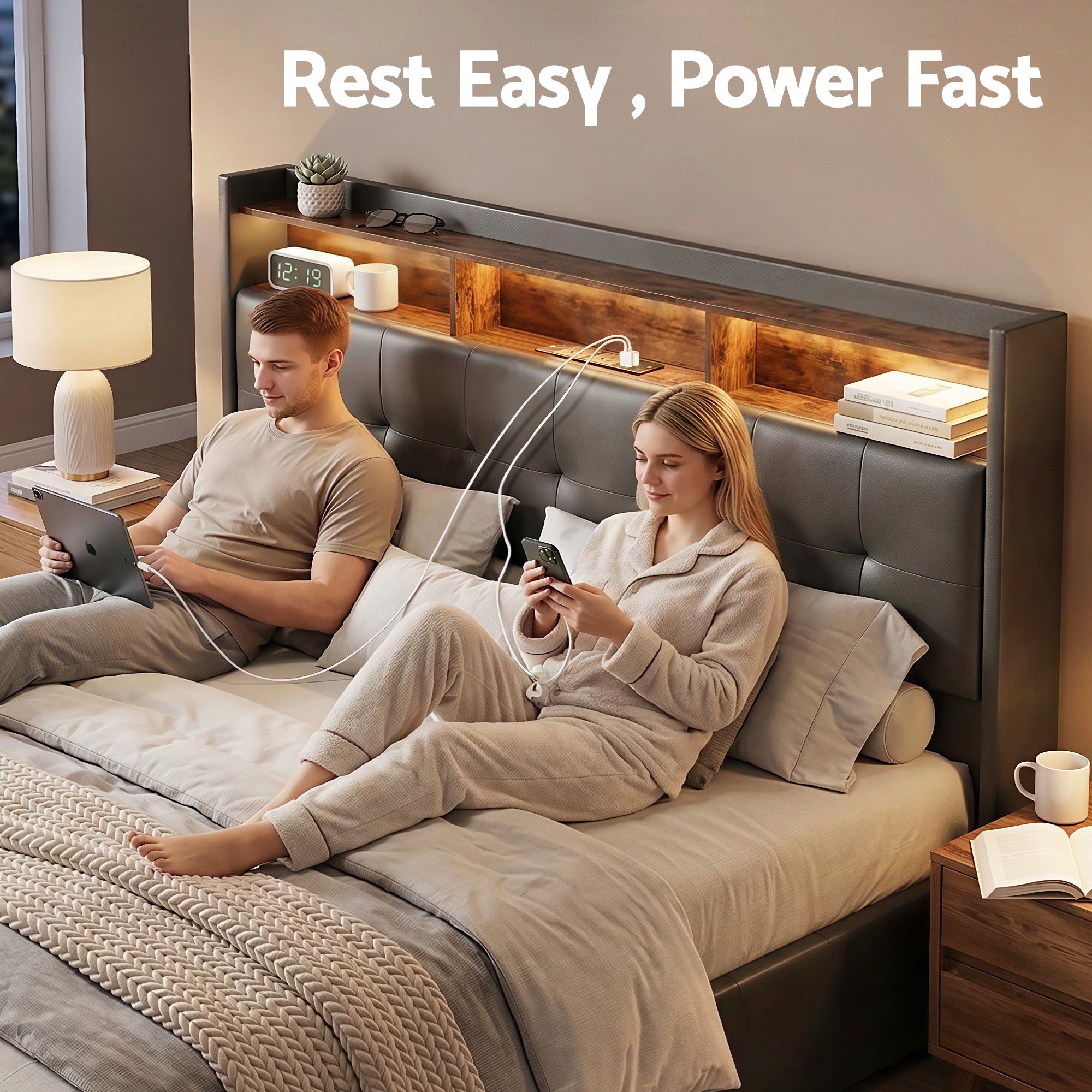 Artiss Queen Bed Frame with Gas Lift Storage LED Lights Charging Station Headboard with Open Shelf-Furniture > Bedroom > Beds &amp; Bed Frames-PEROZ Accessories