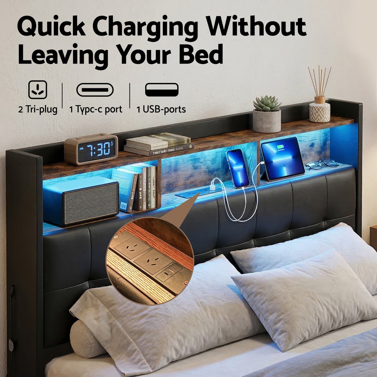 Artiss Queen Bed Frame with Gas Lift Storage LED Lights Charging Station Headboard with Open Shelf-Furniture > Bedroom > Beds &amp; Bed Frames-PEROZ Accessories