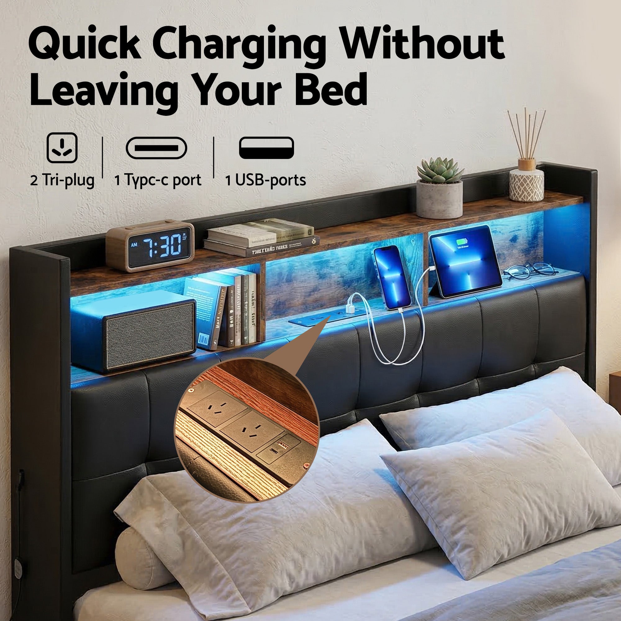 Artiss Queen Bed Frame with Gas Lift Storage LED Lights Charging Station Headboard with Open Shelf-Furniture > Bedroom > Beds &amp; Bed Frames-PEROZ Accessories