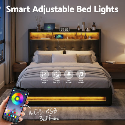 Artiss Queen Bed Frame with Gas Lift Storage LED Lights Charging Station Headboard with Open Shelf-Furniture > Bedroom > Beds &amp; Bed Frames-PEROZ Accessories
