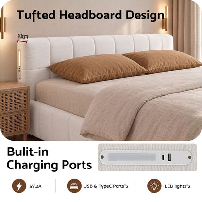 Artiss Double Bed Frame with Charging, LED Lights &amp; Tufted Headboard-Furniture > Bedroom > Beds &amp; Bed Frames-PEROZ Accessories