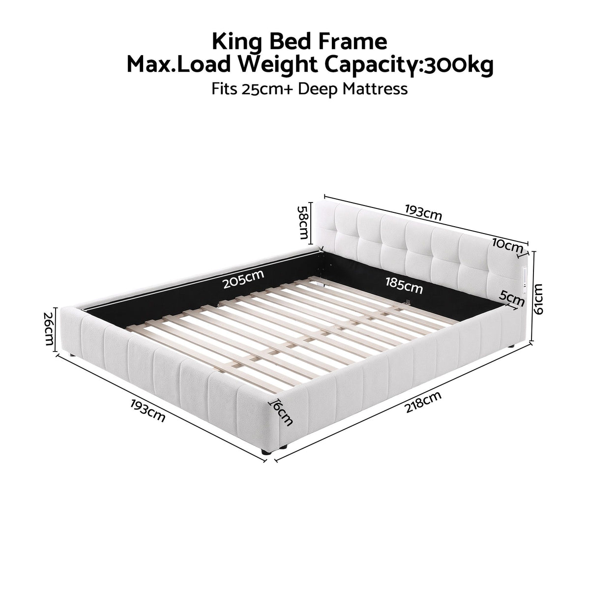 Artiss King Bed Frame with Charging, LED Lights &amp; Tufted Headboard-Furniture > Bedroom > Beds &amp; Bed Frames-PEROZ Accessories