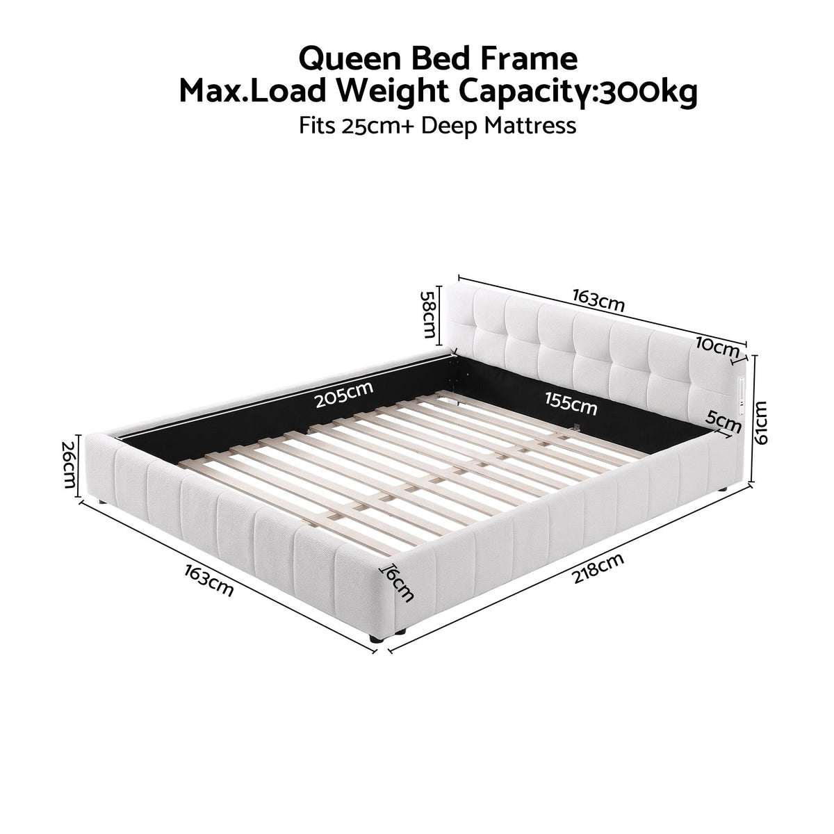 Artiss Queen Bed Frame with Charging, LED Lights &amp; Tufted Headboard-Furniture > Bedroom > Beds &amp; Bed Frames-PEROZ Accessories