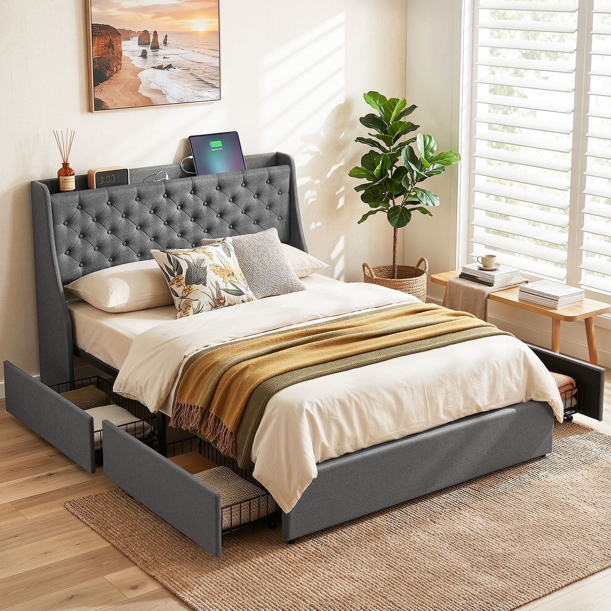 Artiss Double Bed Frame with 4 Storage Drawers and Charging Station Tufted Wingback Headboard 300kg Loads Charcoal Grey-Furniture > Bedroom > Beds &amp; Bed Frames-PEROZ Accessories