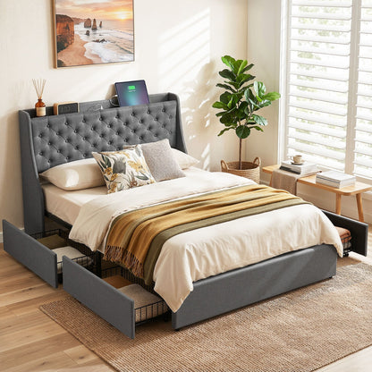 Artiss Double Bed Frame with 4 Storage Drawers and Charging Station Tufted Wingback Headboard 300kg Loads Charcoal Grey-Furniture > Bedroom > Beds &amp; Bed Frames-PEROZ Accessories