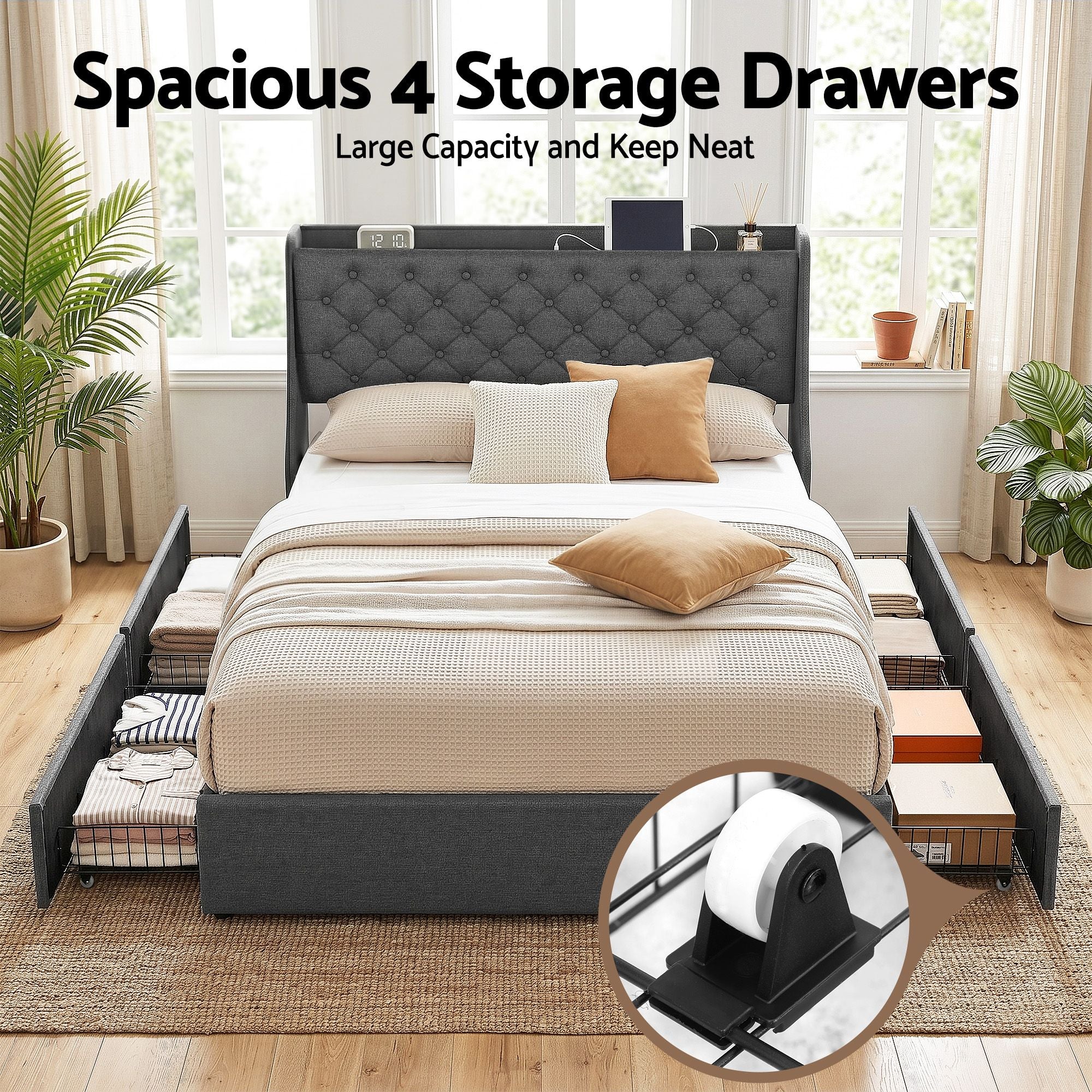 Artiss Double Bed Frame with 4 Storage Drawers and Charging Station Tufted Wingback Headboard 300kg Loads Charcoal Grey-Furniture > Bedroom > Beds &amp; Bed Frames-PEROZ Accessories