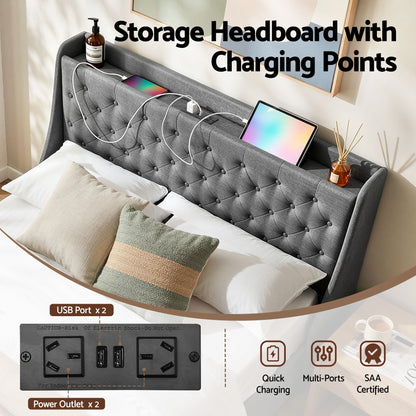 Artiss Double Bed Frame with 4 Storage Drawers and Charging Station Tufted Wingback Headboard 300kg Loads Charcoal Grey-Furniture > Bedroom > Beds &amp; Bed Frames-PEROZ Accessories