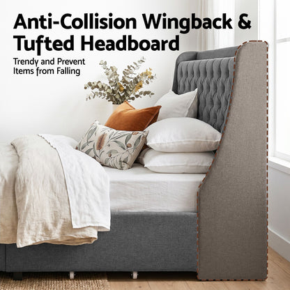 Artiss Double Bed Frame with 4 Storage Drawers and Charging Station Tufted Wingback Headboard 300kg Loads Charcoal Grey-Furniture > Bedroom > Beds &amp; Bed Frames-PEROZ Accessories
