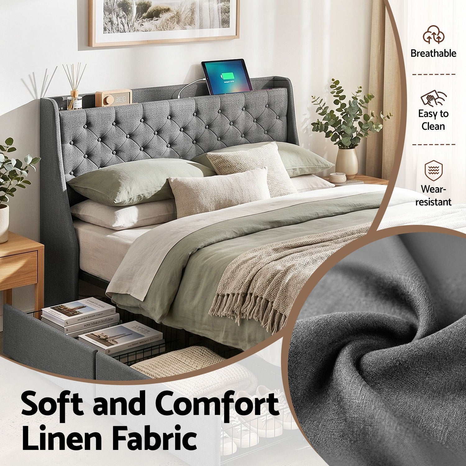 Artiss Double Bed Frame with 4 Storage Drawers and Charging Station Tufted Wingback Headboard 300kg Loads Charcoal Grey-Furniture > Bedroom > Beds &amp; Bed Frames-PEROZ Accessories