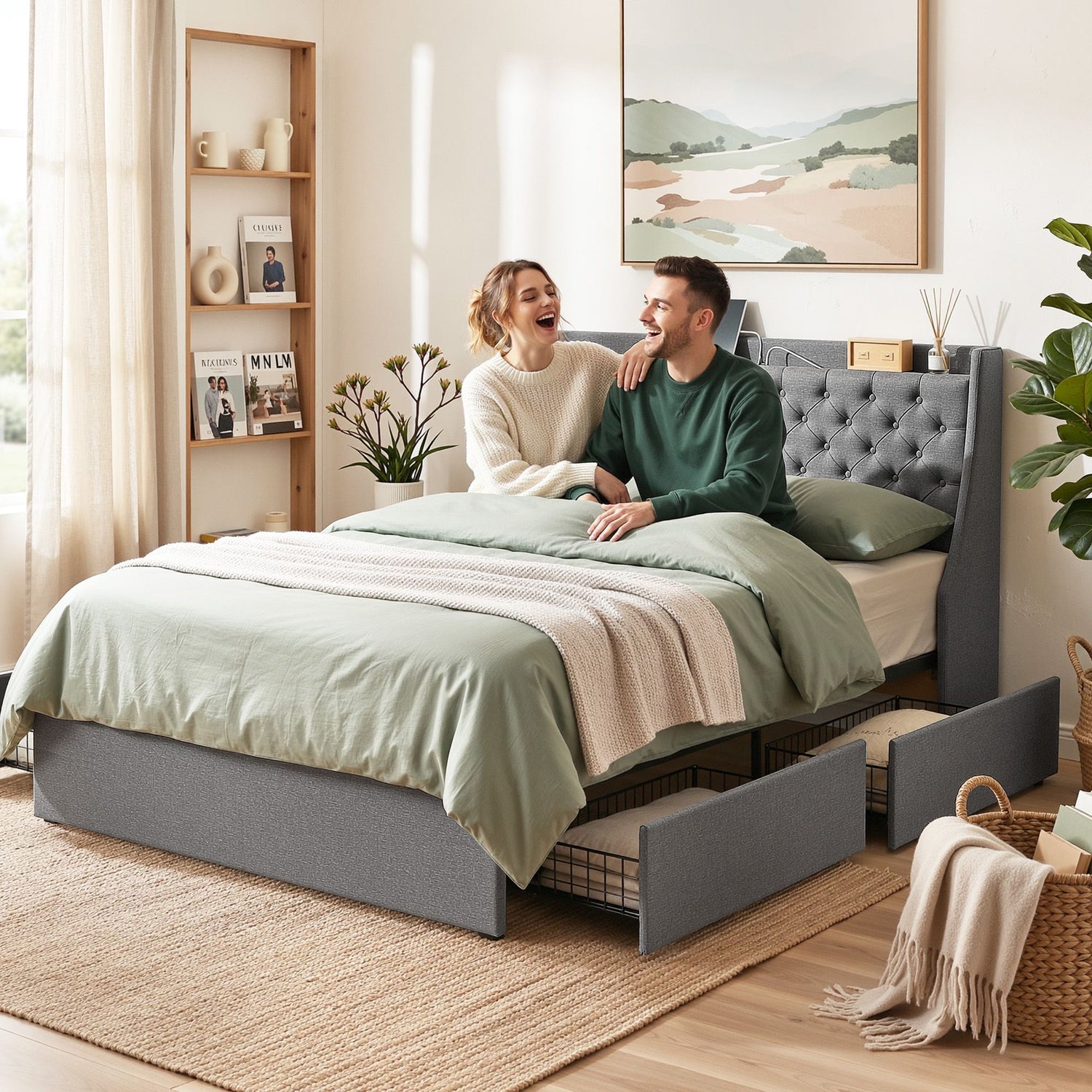 Artiss Double Bed Frame with 4 Storage Drawers and Charging Station Tufted Wingback Headboard 300kg Loads Charcoal Grey-Furniture > Bedroom > Beds &amp; Bed Frames-PEROZ Accessories