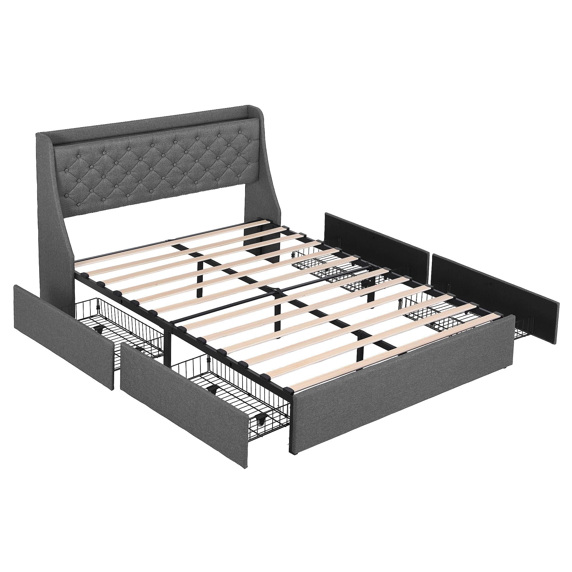 Artiss Double Bed Frame with 4 Storage Drawers and Charging Station Tufted Wingback Headboard 300kg Loads Charcoal Grey-Furniture > Bedroom > Beds &amp; Bed Frames-PEROZ Accessories