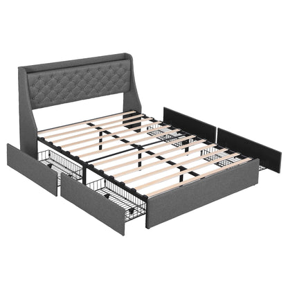 Artiss Double Bed Frame with 4 Storage Drawers and Charging Station Tufted Wingback Headboard 300kg Loads Charcoal Grey-Furniture > Bedroom > Beds &amp; Bed Frames-PEROZ Accessories