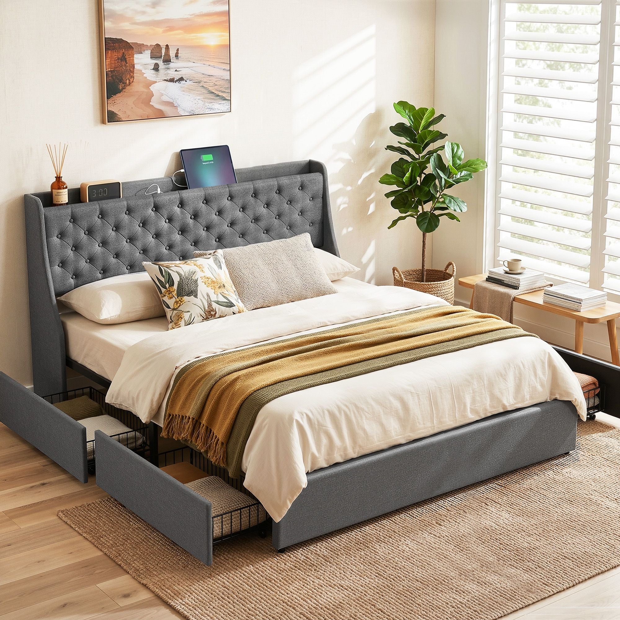 Artiss King Bed Frame with 4 Storage Drawers and Charging Station Tufted Wingback Headboard 300kg Loads Charcoal Grey-Furniture > Bedroom > Beds &amp; Bed Frames-PEROZ Accessories