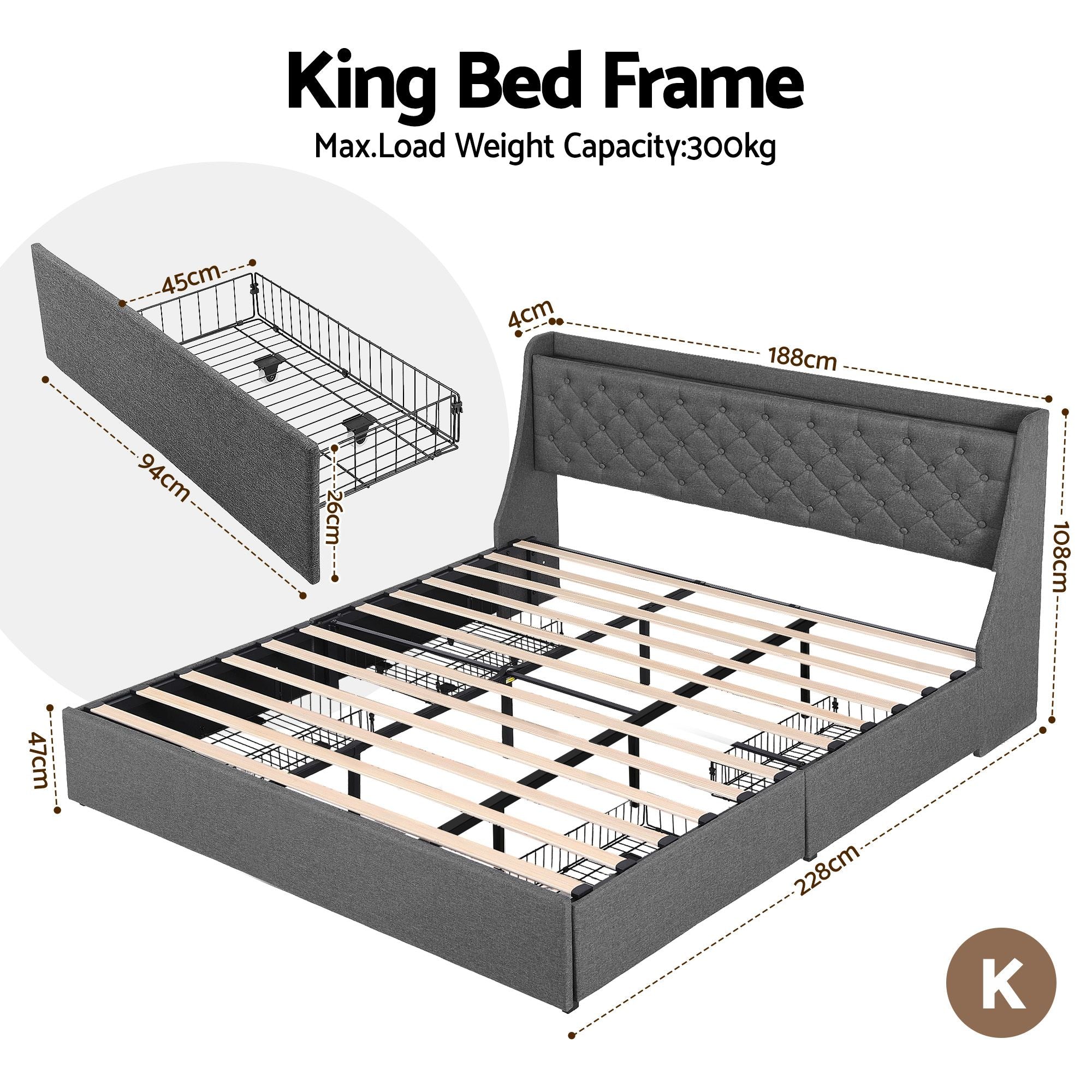 Artiss King Bed Frame with 4 Storage Drawers and Charging Station Tufted Wingback Headboard 300kg Loads Charcoal Grey-Furniture > Bedroom > Beds &amp; Bed Frames-PEROZ Accessories