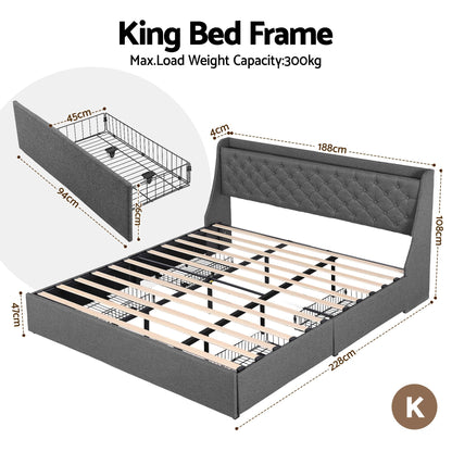 Artiss King Bed Frame with 4 Storage Drawers and Charging Station Tufted Wingback Headboard 300kg Loads Charcoal Grey-Furniture > Bedroom > Beds &amp; Bed Frames-PEROZ Accessories