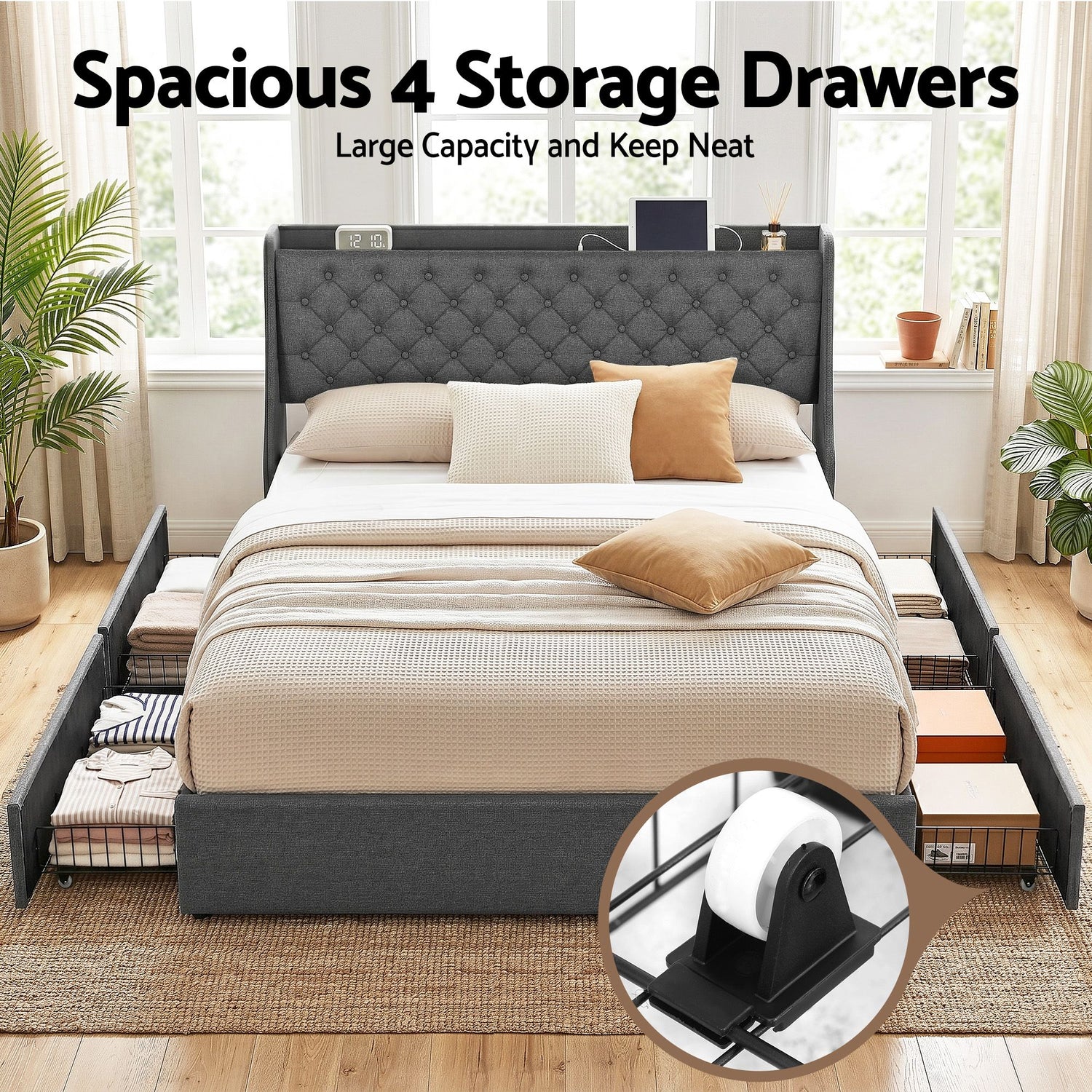 Artiss King Bed Frame with 4 Storage Drawers and Charging Station Tufted Wingback Headboard 300kg Loads Charcoal Grey-Furniture > Bedroom > Beds &amp; Bed Frames-PEROZ Accessories