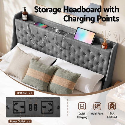 Artiss King Bed Frame with 4 Storage Drawers and Charging Station Tufted Wingback Headboard 300kg Loads Charcoal Grey-Furniture > Bedroom > Beds &amp; Bed Frames-PEROZ Accessories