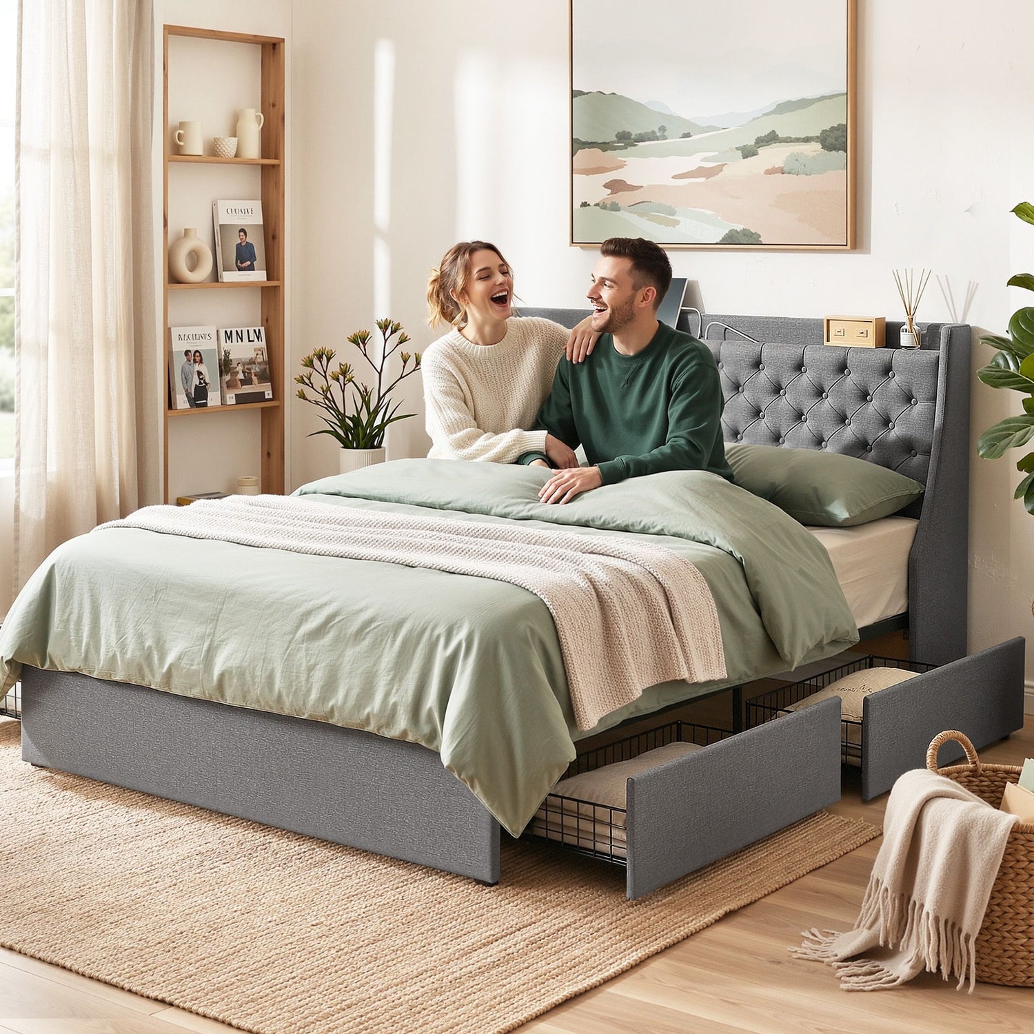 Artiss King Bed Frame with 4 Storage Drawers and Charging Station Tufted Wingback Headboard 300kg Loads Charcoal Grey-Furniture > Bedroom > Beds &amp; Bed Frames-PEROZ Accessories