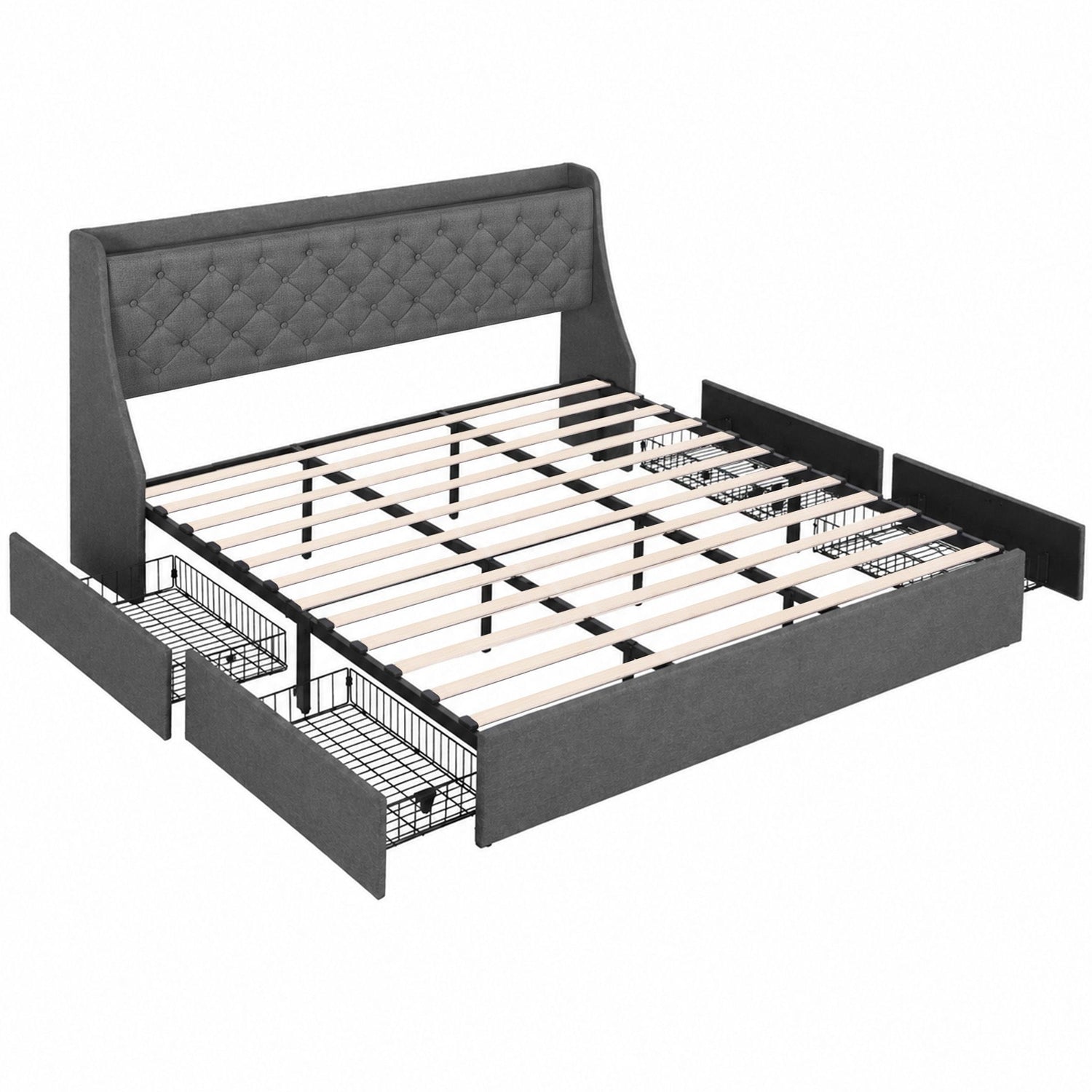 Artiss King Bed Frame with 4 Storage Drawers and Charging Station Tufted Wingback Headboard 300kg Loads Charcoal Grey-Furniture > Bedroom > Beds &amp; Bed Frames-PEROZ Accessories