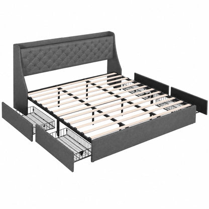 Artiss King Bed Frame with 4 Storage Drawers and Charging Station Tufted Wingback Headboard 300kg Loads Charcoal Grey-Furniture > Bedroom > Beds &amp; Bed Frames-PEROZ Accessories