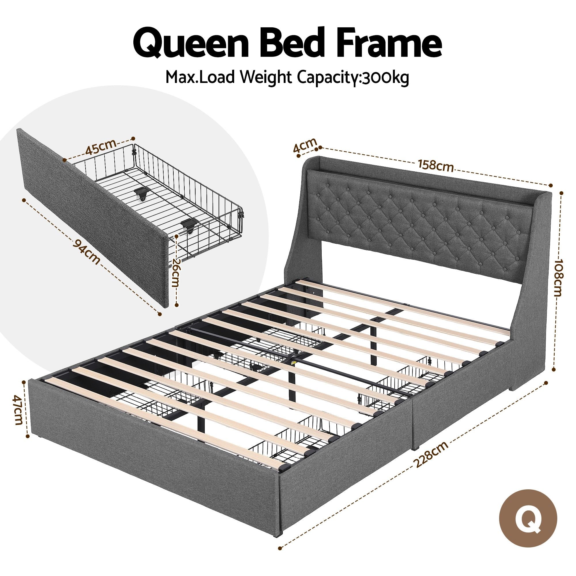 Artiss Queen Bed Frame with 4 Storage Drawers and Charging Station Tufted Wingback Headboard 300kg Loads Charcoal Grey-Furniture > Bedroom > Beds &amp; Bed Frames-PEROZ Accessories