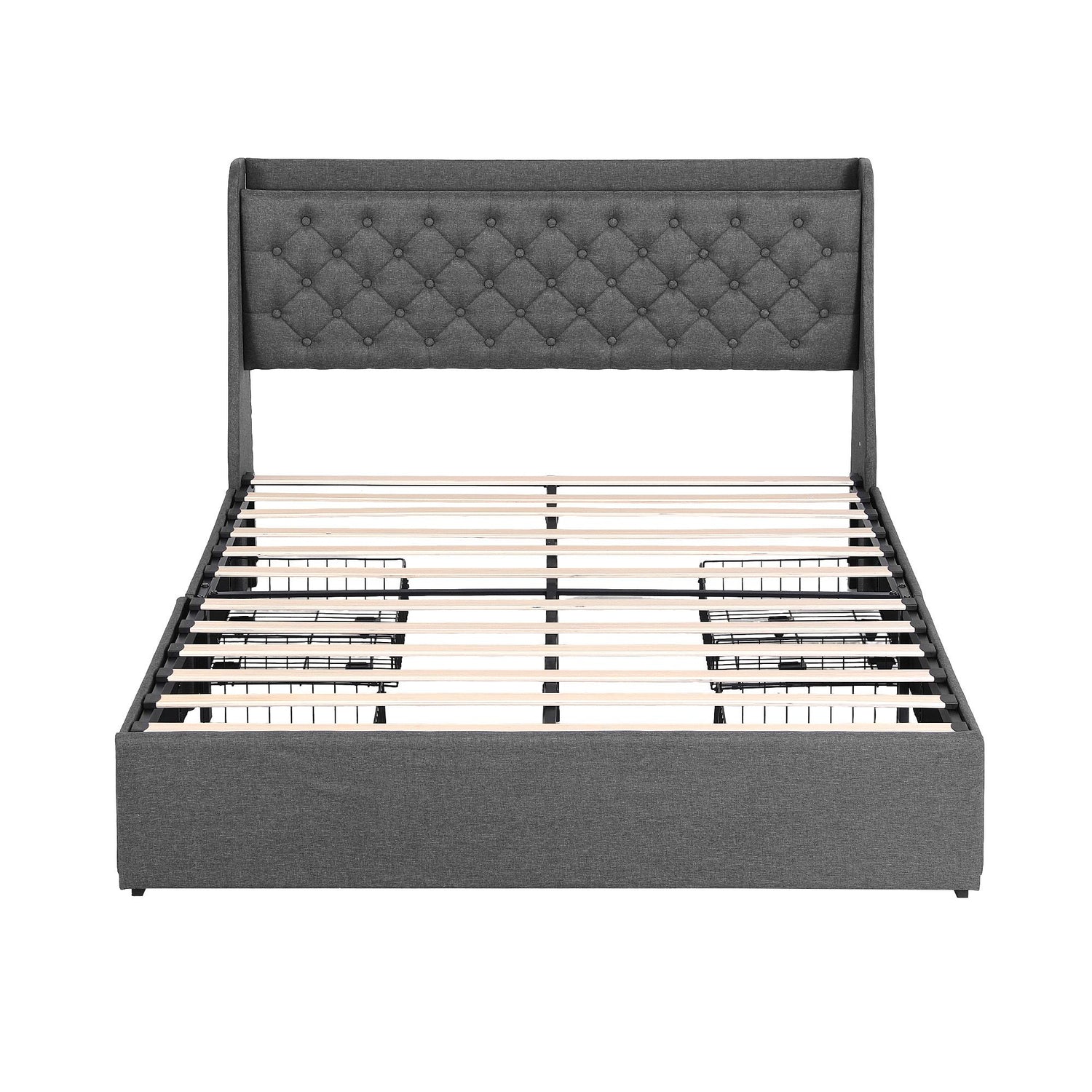 Artiss Queen Bed Frame with 4 Storage Drawers and Charging Station Tufted Wingback Headboard 300kg Loads Charcoal Grey-Furniture > Bedroom > Beds &amp; Bed Frames-PEROZ Accessories