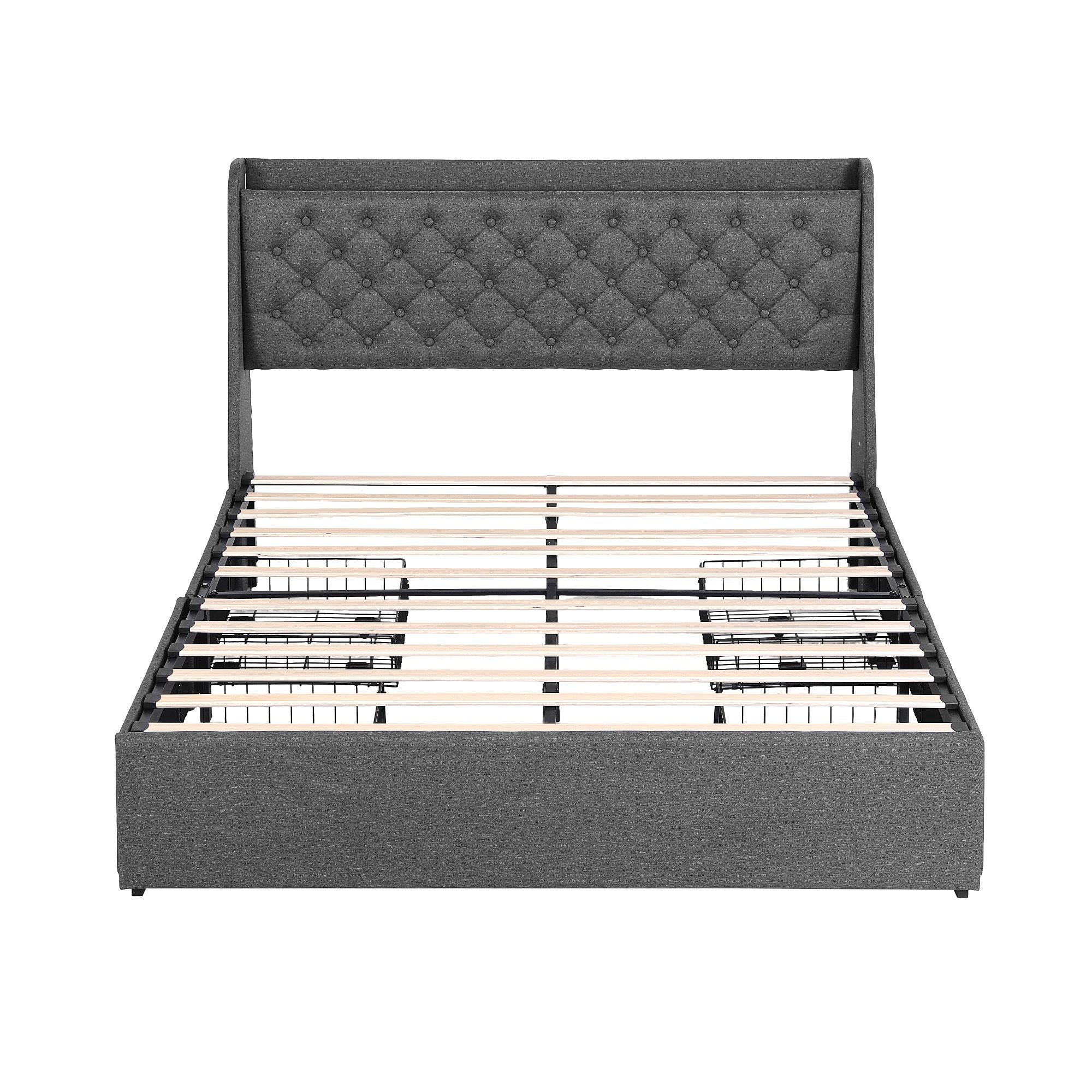 Artiss Queen Bed Frame with 4 Storage Drawers and Charging Station Tufted Wingback Headboard 300kg Loads Charcoal Grey-Furniture > Bedroom > Beds &amp; Bed Frames-PEROZ Accessories