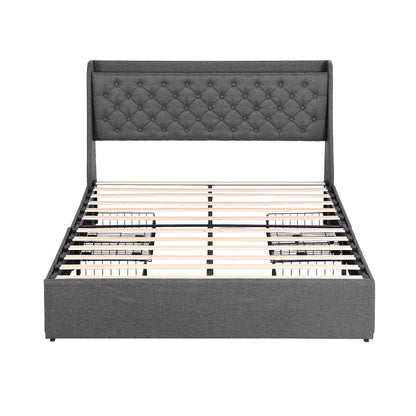 Artiss Queen Bed Frame with 4 Storage Drawers and Charging Station Tufted Wingback Headboard 300kg Loads Charcoal Grey-Furniture > Bedroom > Beds &amp; Bed Frames-PEROZ Accessories