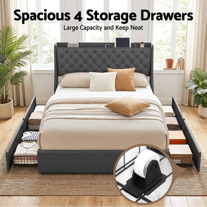 Artiss Queen Bed Frame with 4 Storage Drawers and Charging Station Tufted Wingback Headboard 300kg Loads Charcoal Grey-Furniture > Bedroom > Beds &amp; Bed Frames-PEROZ Accessories