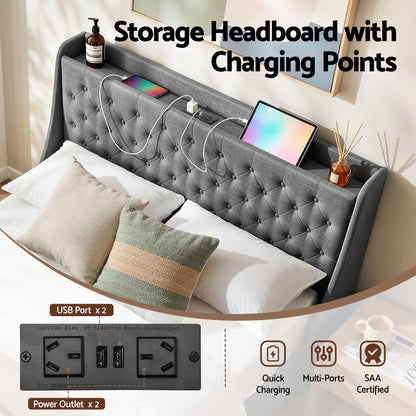 Artiss Queen Bed Frame with 4 Storage Drawers and Charging Station Tufted Wingback Headboard 300kg Loads Charcoal Grey-Furniture > Bedroom > Beds &amp; Bed Frames-PEROZ Accessories